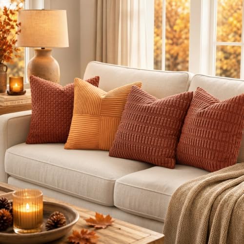 MIULEE Fall Corduroy Decorative Throw Pillow Covers 18x18 Rust Pack of 2 - Image 3