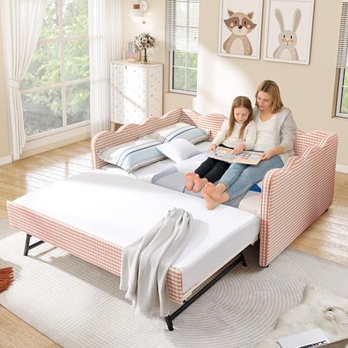 Full Size Daybed with Pop Up Trundle, Linen Gingham Full to King Daybed with - Image 2
