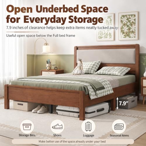Full Bed Frame with Upholstered Headboard, Wooden Platform Bed - Image 7