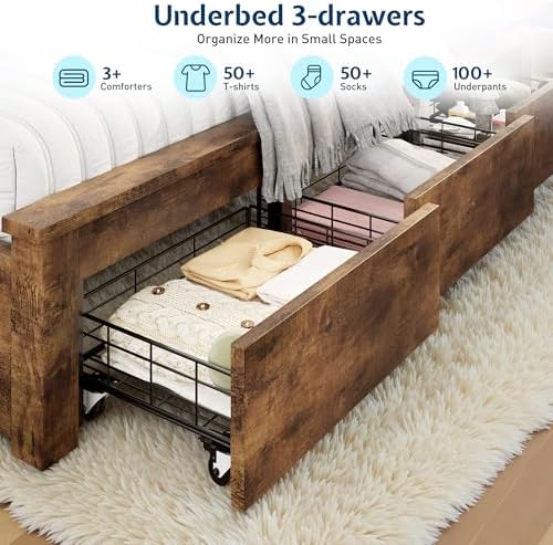 Jocisland Twin Bed Frame Bookcase Headboard, USB/LED＆3 Drawers, Rustic Oak - Image 5