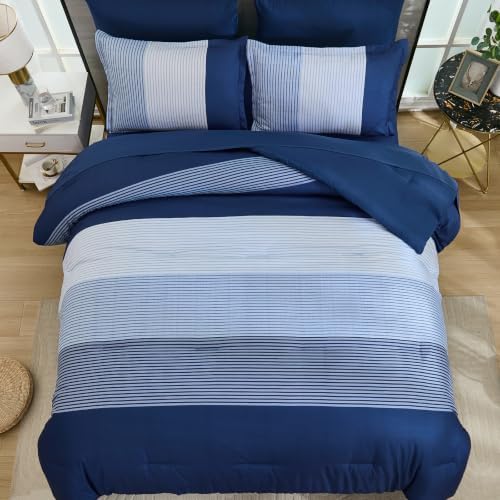 Navy Blue King Size Comforter Set, 7 Pieces Boho Striped Bed in a Bag - Image 3