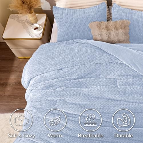 ChiXpace Fleece King Size Comforter Set Light Blue, Fluffy Bed Set 3 Pieces - Image 3
