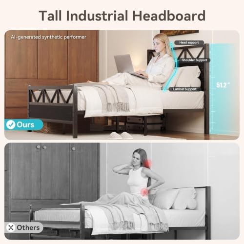 Queen Size Bed Frame with 51.2" Tall Industrial Headboard - Image 3