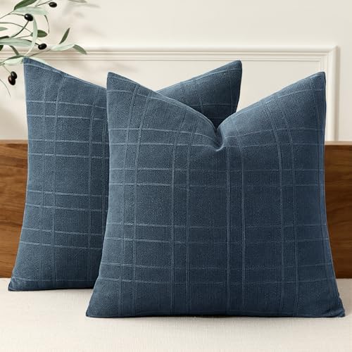 MIULEE Linen Plaid Pillow Covers Coastal Decorative 20x20 Dark Blue by MIULEE