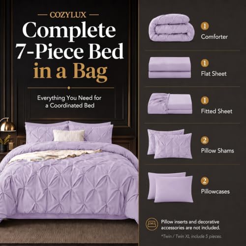 CozyLux Full Size Comforter Sets Lavender, 7 Pieces Pintuck Bed in a Bag - Image 2