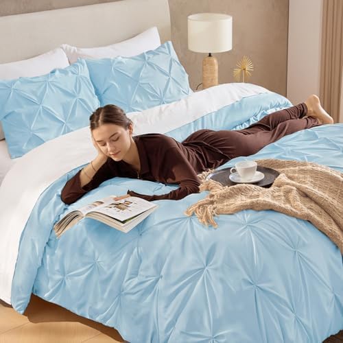 Andency Oversized King Pinch Pleat Light Blue Comforter Set 3 Piece Bedding - Image 2