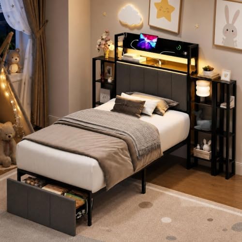 Twin Size Upholstered Platform Bed Frame, Storage Headboard, LED Light by IDEALHOUSE