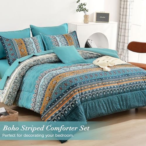 Boho Full Comforter Set 8 Pieces, Teal and Yellow Striped Comforter - Image 5