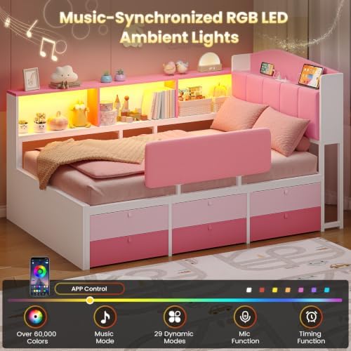 Twin Corner Bed Frame with 6 Storage Drawers, LED Lights, Charging Station - Image 5
