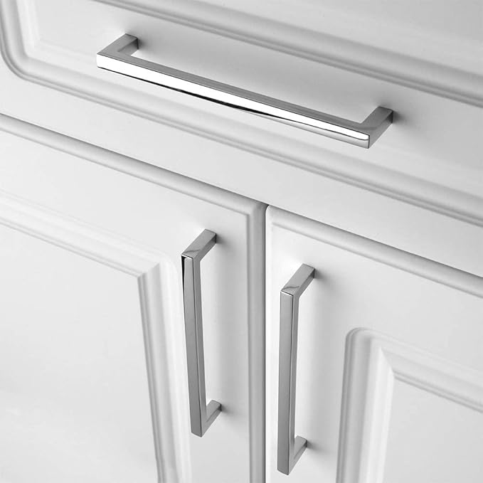 KOOFIZO Solid Square Bar Cabinet Handle - Chrome Furniture Pull, 6.3 Inch/160mm Screwhole Distance, 10-Pack for Kitchen Cupboard Door, Bedroom Dresser Drawer, Bathroom Wardrobe Hardware