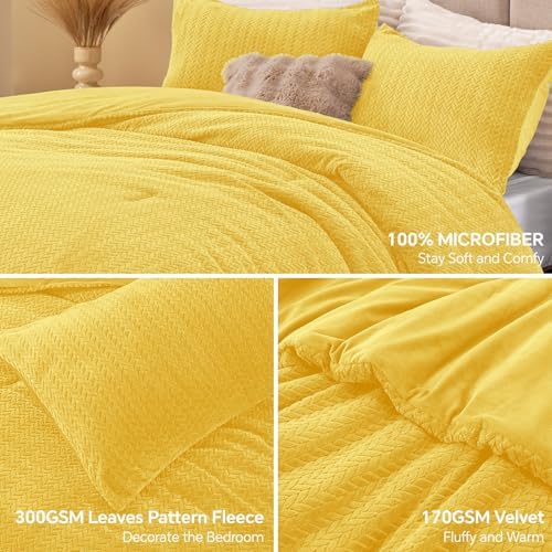 ChiXpace Fleece Twin Size Comforter Set Yellow, Fluffy Bed Set 2 Pieces - Image 2
