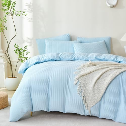 Light Blue Comforter Queen Set Striped Soft Washed Microfiber Jacquard 3 Pieces by BUPIRD