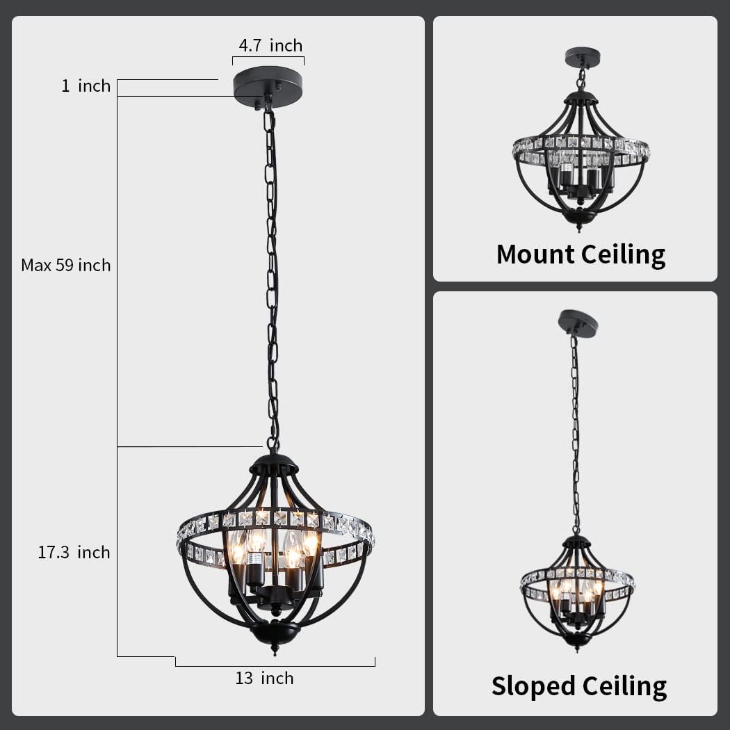 Crystal Chandelier Light Fixtures, 4-Lights Farmhouse Rustic Vintage Black Pendant Hanging Lighting Ceiling Chandeliers for Kitchen Island Dining Room Living Room Bedroom Foyer Hallway