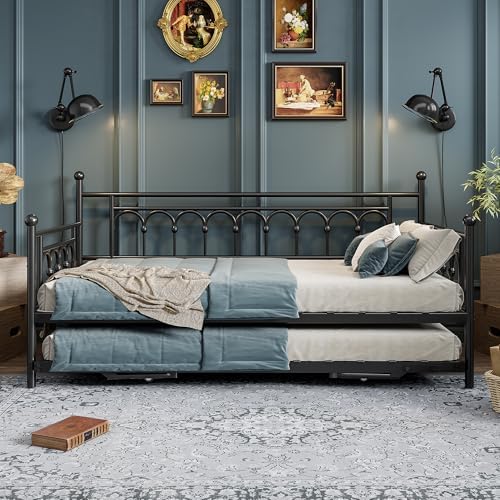 Twin Daybed with Trundle and Storage Bag, Metal Daybed with Pop Up Trundle - Image 4