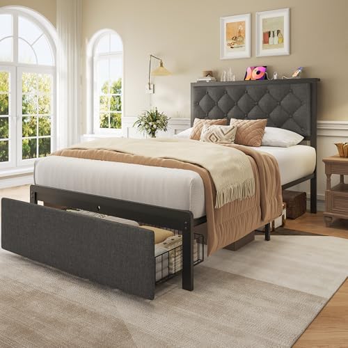 Twin Bed Frame with Storage Drawer, Upholstered Headboard Button Tufted Bed - Image 7