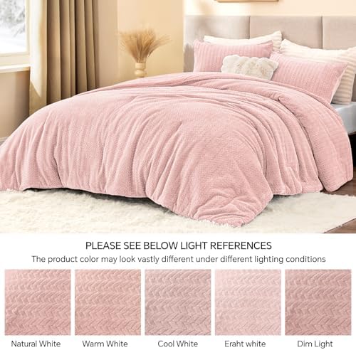 ChiXpace Fleece King Size Comforter Set Pink, Fluffy Bed Set 3 Pieces - Image 4
