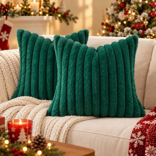 decorUhome Faux Fur Throw Pillow Covers 26X26 Set of 2 Christmas Green - Image 2
