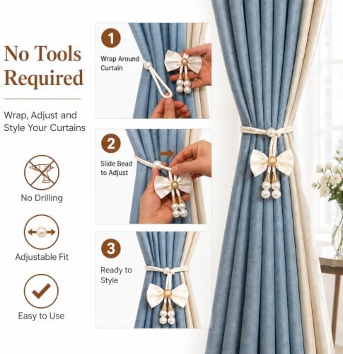 Bow Curtain Tiebacks 4 Pack, Adjustable No-Drill Rope Holdbacks - Image 5