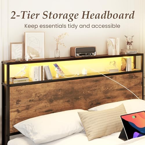 Queen Bed Frame with Charging Station, LED Lights, 2 Drawers, Retro Brown - Image 6