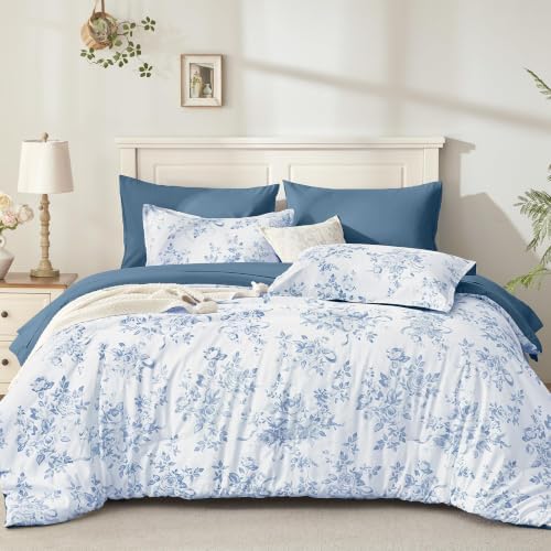 Andency Floral Comforter Full Set, 7 Pieces Blue Rose Flower Bedding Set by Andency