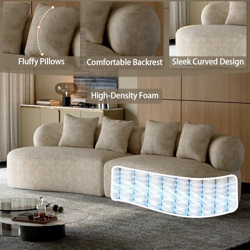 113" Curved Chenille Sectional, 4 Seater Cloud Couch, Light Brown - Image 5