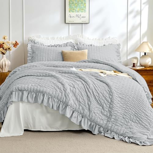JOLLYVOGUE Light Grey Queen Comforter Set, 3 Pieces Seersucker Comforters Queen by JOLLYVOGUE