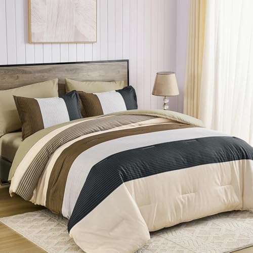 Striped King Size Comforter Set, 7 Pieces Brown Black Beige Bedding Set - Image 2