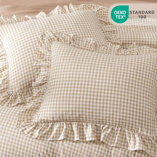 Queen Comforter Set Gingham Ruffle Tan 7 Pieces Bed in a Bag - Image 5