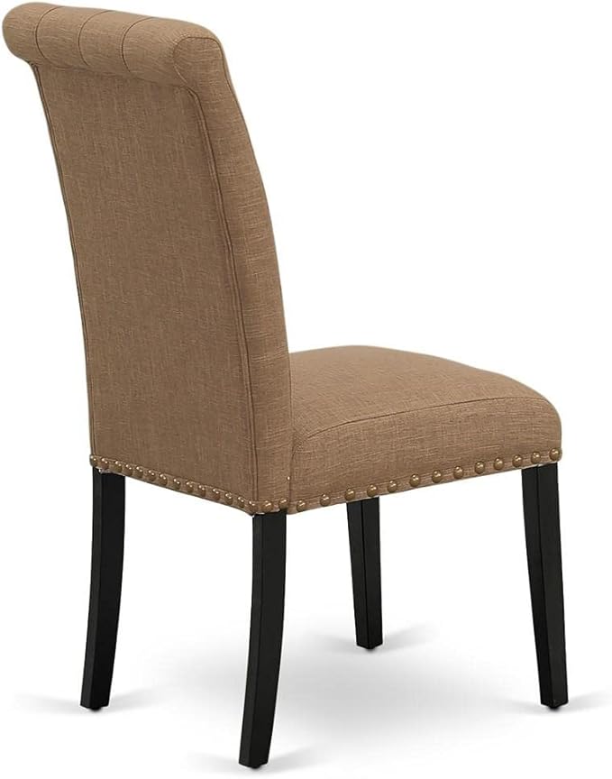 East West Furniture BRP1T17 Bremond Parson Dining Room Chairs - Button Tufted Nailhead Trim Light Sable Linen Fabric Padded Chairs, Set of 2, Black