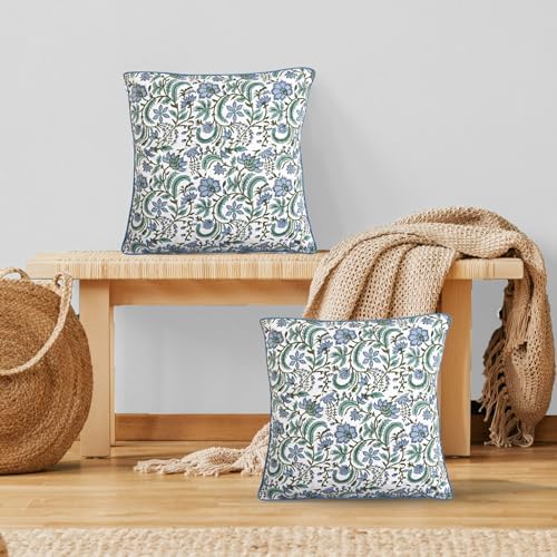 Ridhi Columbia Blue Block Print Cotton Pillow Cover 16x16 Inch Set of 2 - Image 2