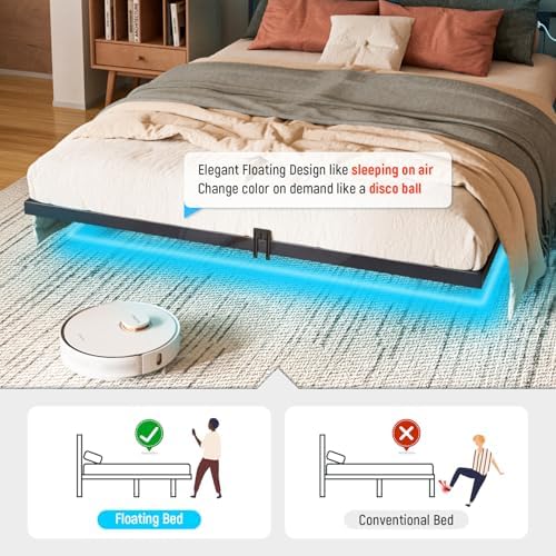 Floating Full Bed Frame with LED Lights & Charging Station & Accessories - Image 4