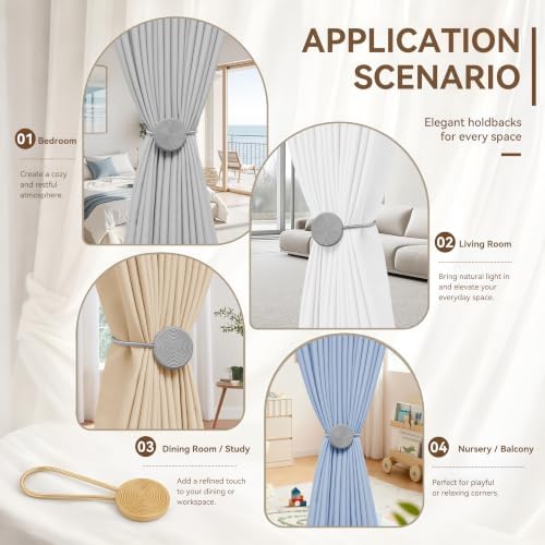 Boho Grey Magnetic Curtain Tiebacks 2 Pack – No-Drill Strong Suction Holdbacks - Image 4