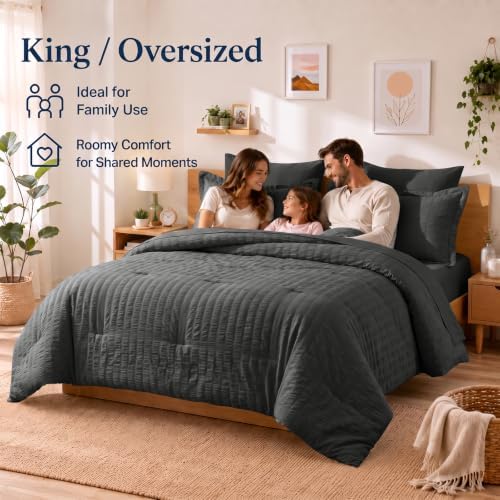 CozyLux King Size Comforter Set, 7 Pieces Dark Grey Seersucker Bed in a Bag - Image 6