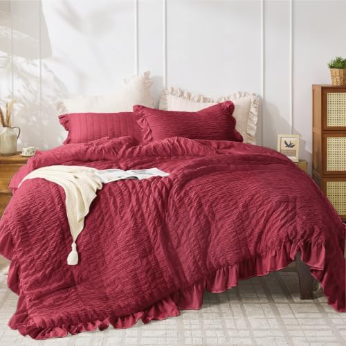 JOLLYVOGUE Burgundy Twin/Twin XL Comforter Set, 2 Pieces Seersucker Lightweight by JOLLYVOGUE