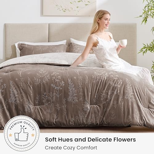 Love's cabin Floral Comforter Set Cute Bedding King Reversible Light Taupe - Image 2