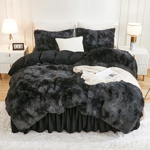 Andency Tie-Dyed Black Grey Twin Comforter Set, Fluffy Faux Fur Bedding Set by Andency