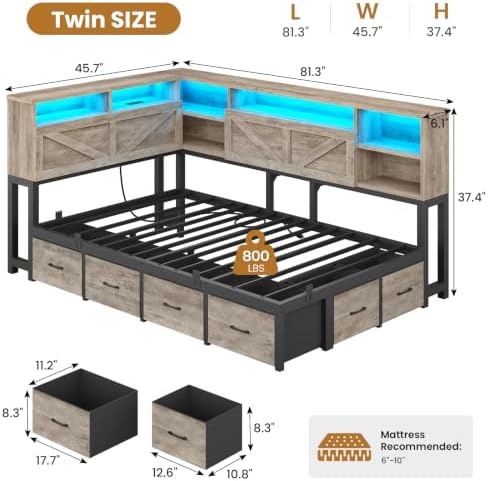 Twin Corner Bed Frame with Bookcase Headboard and Hidden Storage, Twin Daybed - Image 3