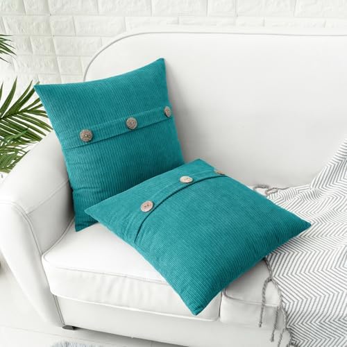 HWY 50 Teal Chenille Throw Pillow Covers 16x16 Inch Buttons Pack of 2 - Image 2