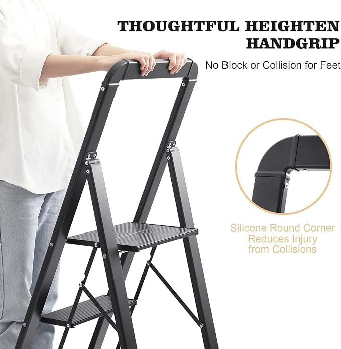 KINGRACK Aluminium 5 Step Ladder, Lightweight Step Stool with Non-Slip Pedals, Handrail, Folding Step Ladder for Kitchen, Garage, Home, Space Saving, Sturdy and Portable, Black