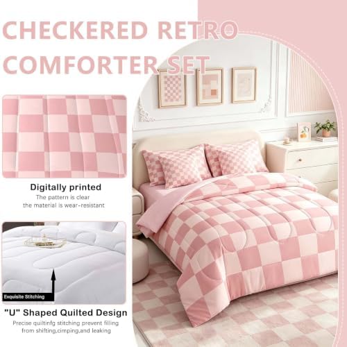 Feelyou Checkered Retro 7 Piece Bedding Set Teen Women Men Pink Gradient Plaid - Image 2
