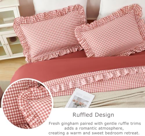 Red Gingham Queen Comforter Sets 5 Pcs Vintage Ruffled Bedding Set - Image 4