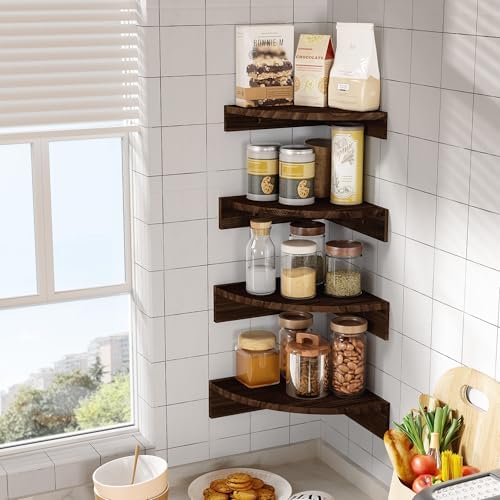 Wood Corner Floating Shelves Wall Mount 4-Pack, Dark Brown - Image 6