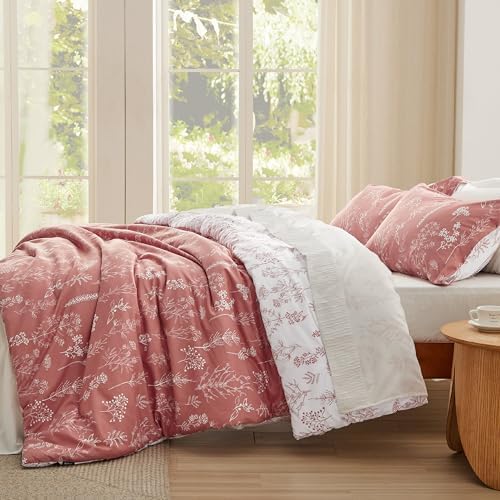 Bedsure Floral Comforter Set Cute Bedding Set Queen Reversible Pink Clay - Image 4