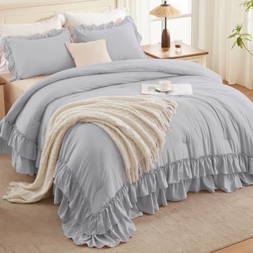 Andency Silver Gray Twin Size Ruffle Comforter Set, 2 Pieces - Image 2
