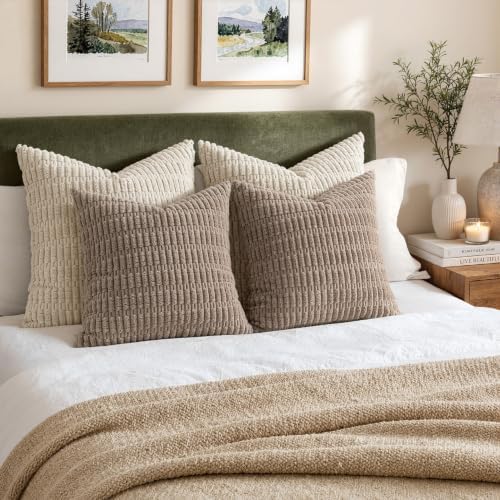 MIULEE Corduroy Decorative Throw Pillow Covers 12x12 Light Brown Pack of 2 - Image 5