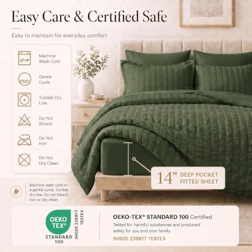 CozyLux Queen Comforter Set, 7 Pieces Olive Green Seersucker Bed in a Bag - Image 5