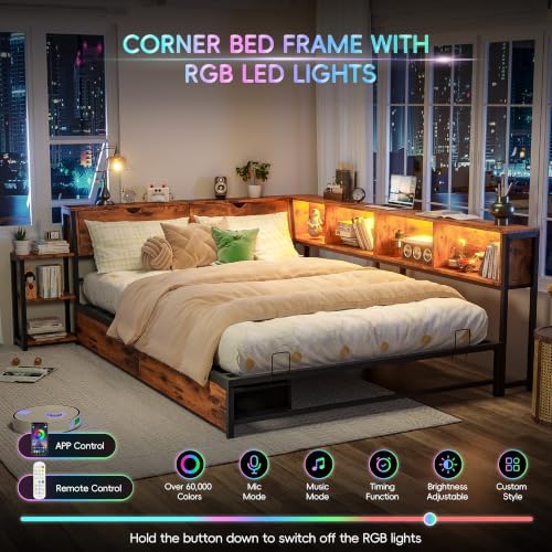 Full Corner Bed Frame with Storage Bookcase and Bedside Rack - Image 5