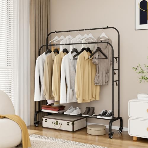 SUOERNUO Clothes Rack with Lockable Wheels Double Rods Metal Garment Racks - Image 4