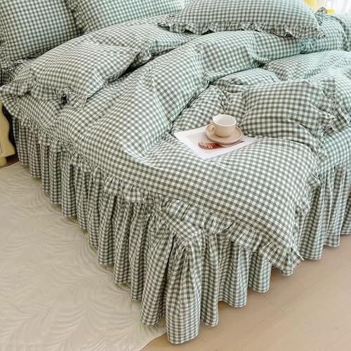 LifeTB Green Gingham Comforter Set Full Size Ruffle Plaid Checkered Pattern - Image 4