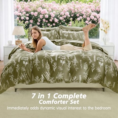 MUXHOMO Full Comforter Set, 7-Piece Floral Bed in a Bag, Olive Green - Image 4